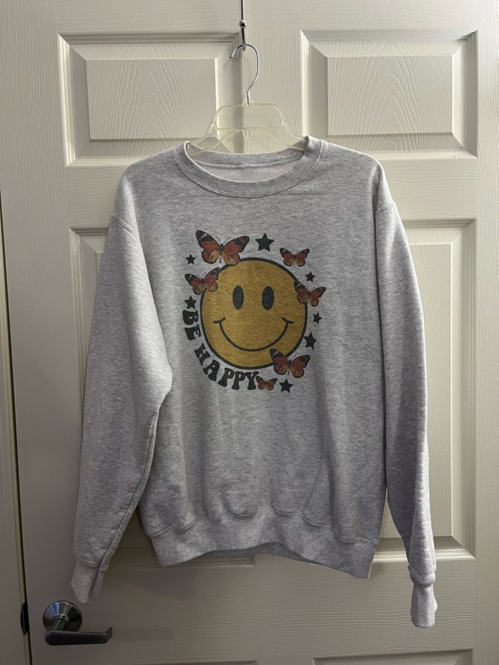 Gray 'Be Happy' Smiley Sweatshirt with Butterflies